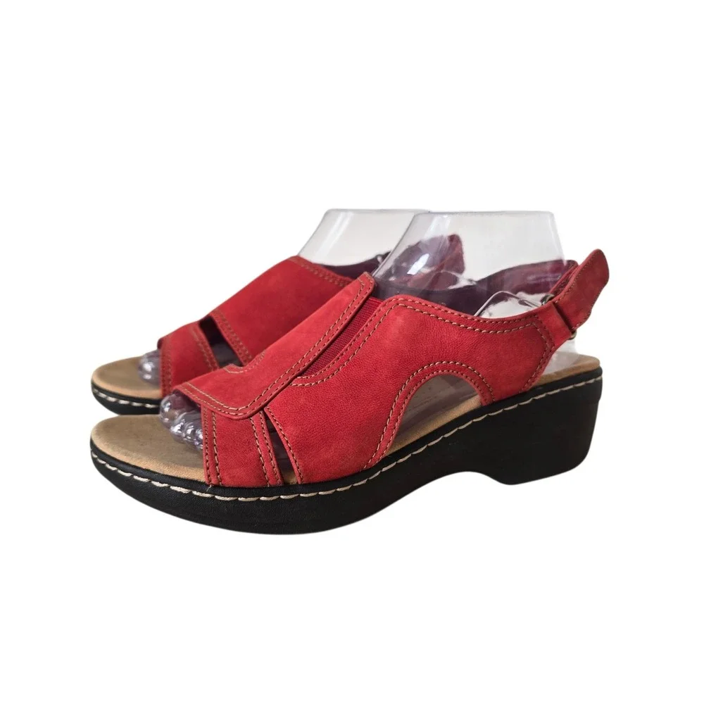 Clarks Collection Womens Red Leather Slingback Wedge Sandals Size 8 M